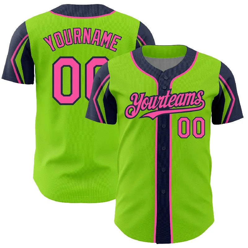 Baseball Jersey for Maximum Comfort During Long Games-Custom Neon Green Pink-Navy 3 Colors Arm Shapes Authentic Baseball Jersey