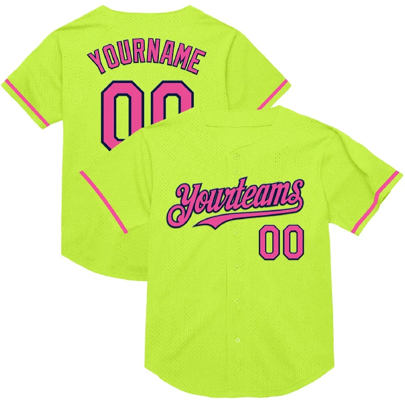 Baseball Jersey for Comfortable Swinging-Custom Neon Green Pink-Navy Mesh Authentic Throwback Baseball Jersey