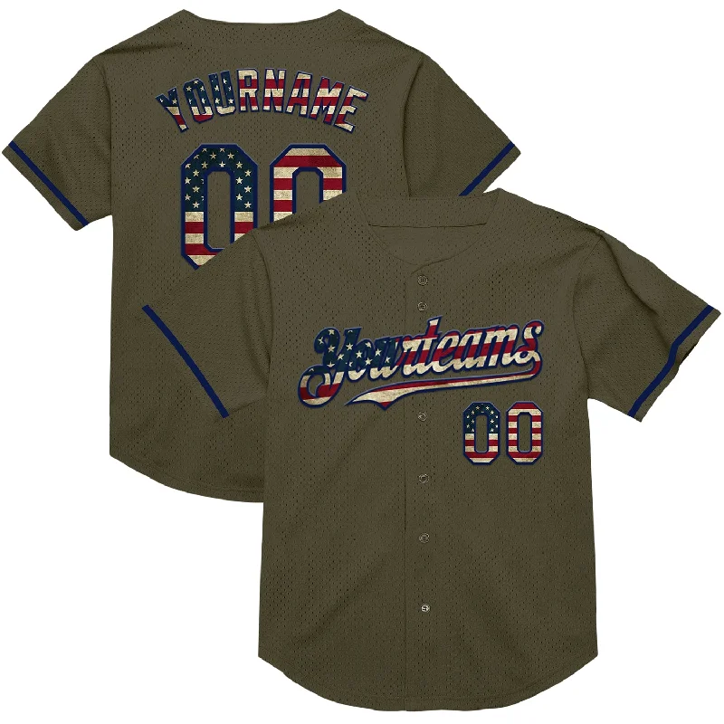 Baseball Jersey for Ideal Fit and Comfort-Custom Olive Vintage USA Flag-Navy Mesh Authentic Throwback Salute To Service Baseball Jersey