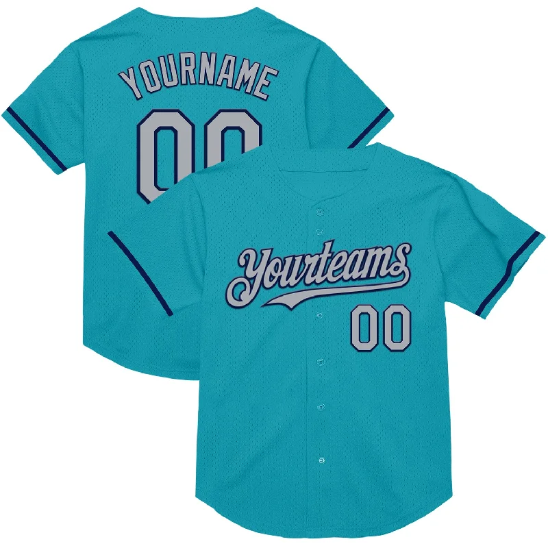 Baseball Jersey with Reinforced Stitching for Durability-Custom Teal Gray-Navy Mesh Authentic Throwback Baseball Jersey