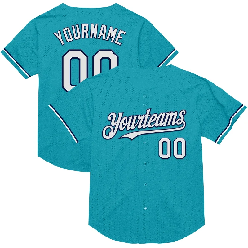 Baseball Jersey for Training and Play Comfort-Custom Teal White-Navy Mesh Authentic Throwback Baseball Jersey