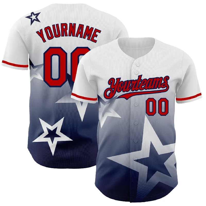 Baseball Jersey for Warm Weather and Summer Play-Custom White Red-Navy 3D Pattern Design Gradient Style Twinkle Star Authentic Baseball Jersey