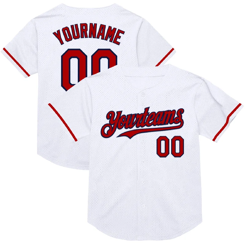 Baseball Jersey with Lightweight, Soft Fabric for Comfort-Custom White Red-Navy Mesh Authentic Throwback Baseball Jersey