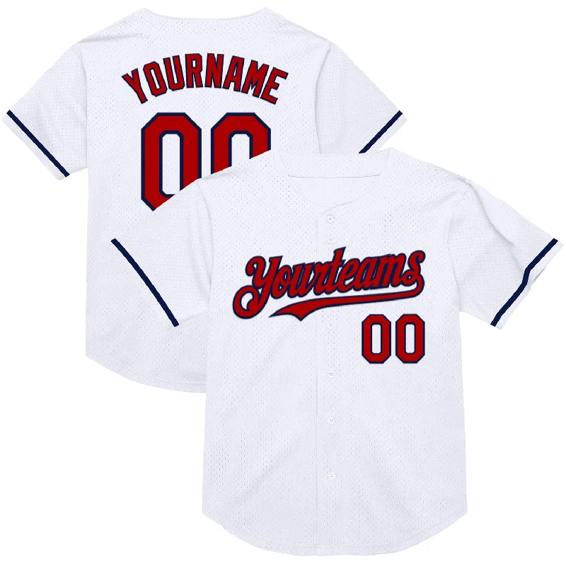 Baseball Jersey for Soft Feel and Breathable Comfort-Custom White Red-Navy Mesh Authentic Throwback Baseball Jersey