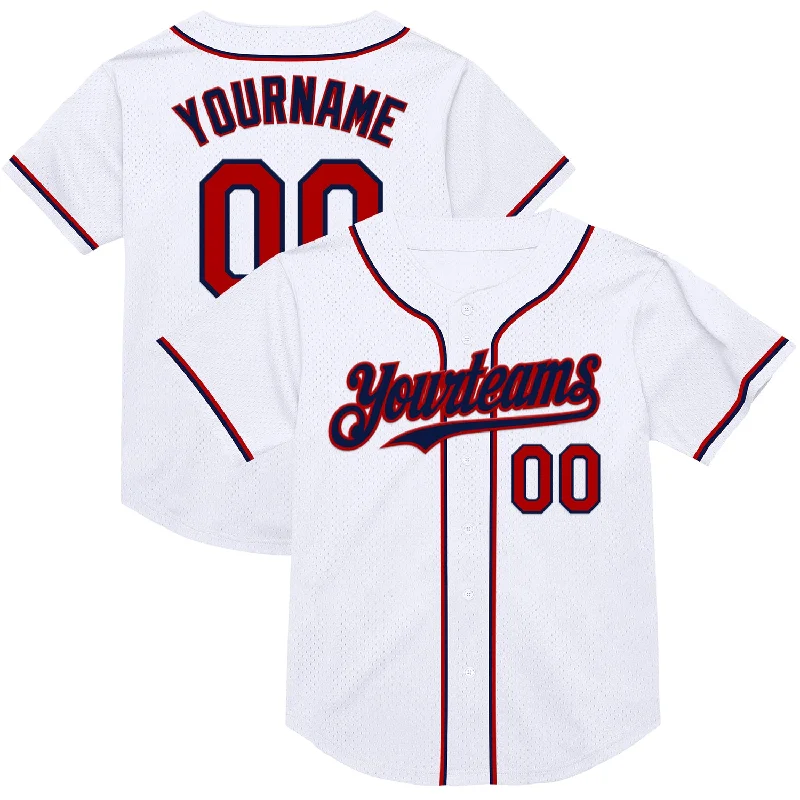 Baseball Jersey for Quick-Drying, Breathable Performance-Custom White Red-Navy Mesh Authentic Throwback Baseball Jersey