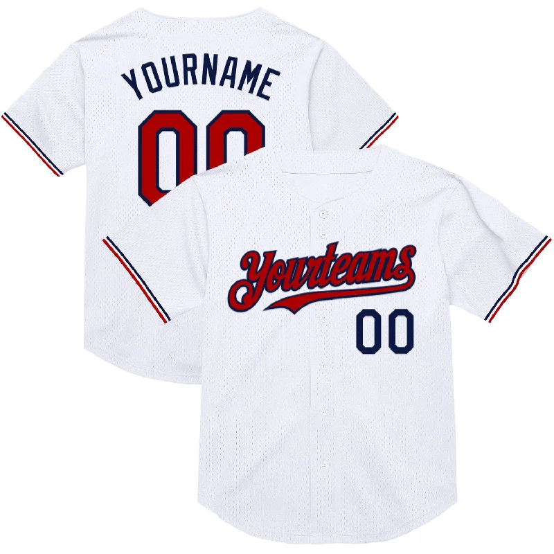 Baseball Jersey for Maximum Comfort in All Games-Custom White Red-Navy Mesh Authentic Throwback Baseball Jersey