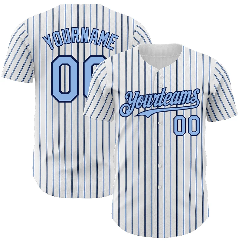 Baseball Jersey for Custom Team Branding-Custom White (Navy Light Blue Pinstripe) Light Blue-Navy Authentic Baseball Jersey