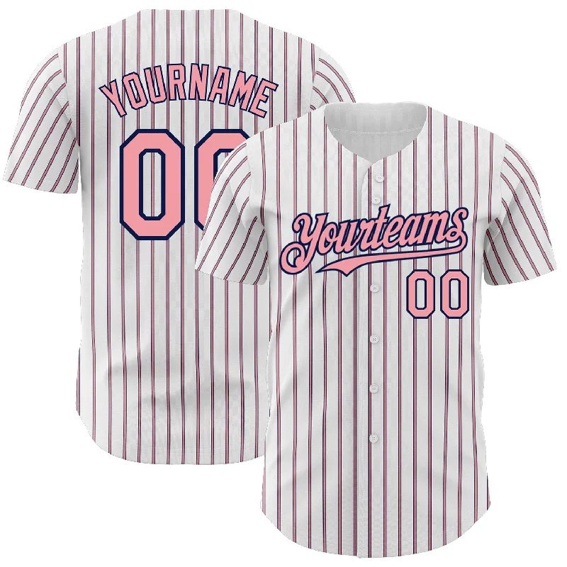 Baseball Jersey with Vented Panels for Cooling-Custom White (Navy Medium Pink Pinstripe) Medium Pink-Navy Authentic Baseball Jersey