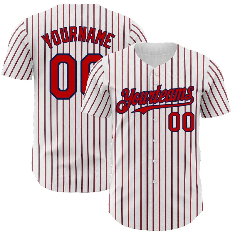 Baseball Jersey with Stretch for Better Fit and Movement-Custom White (Navy Red Pinstripe) Red-Navy Authentic Baseball Jersey