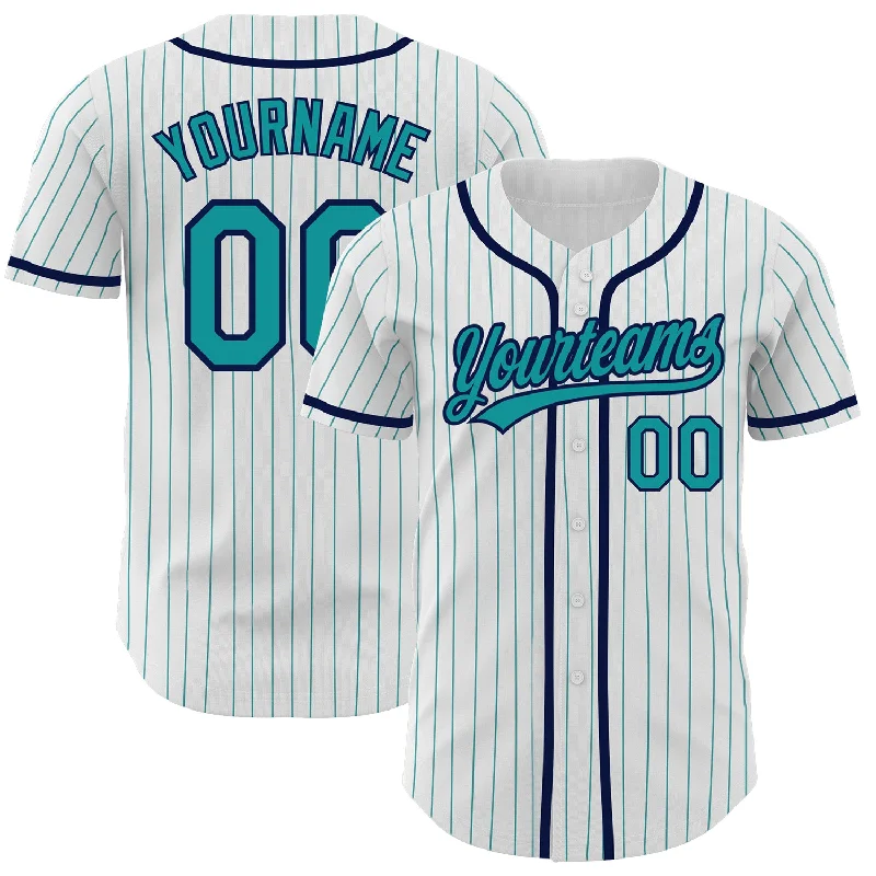 Baseball Jersey for High-Endurance Players-Custom White Teal Pinstripe Teal-Navy Authentic Baseball Jersey