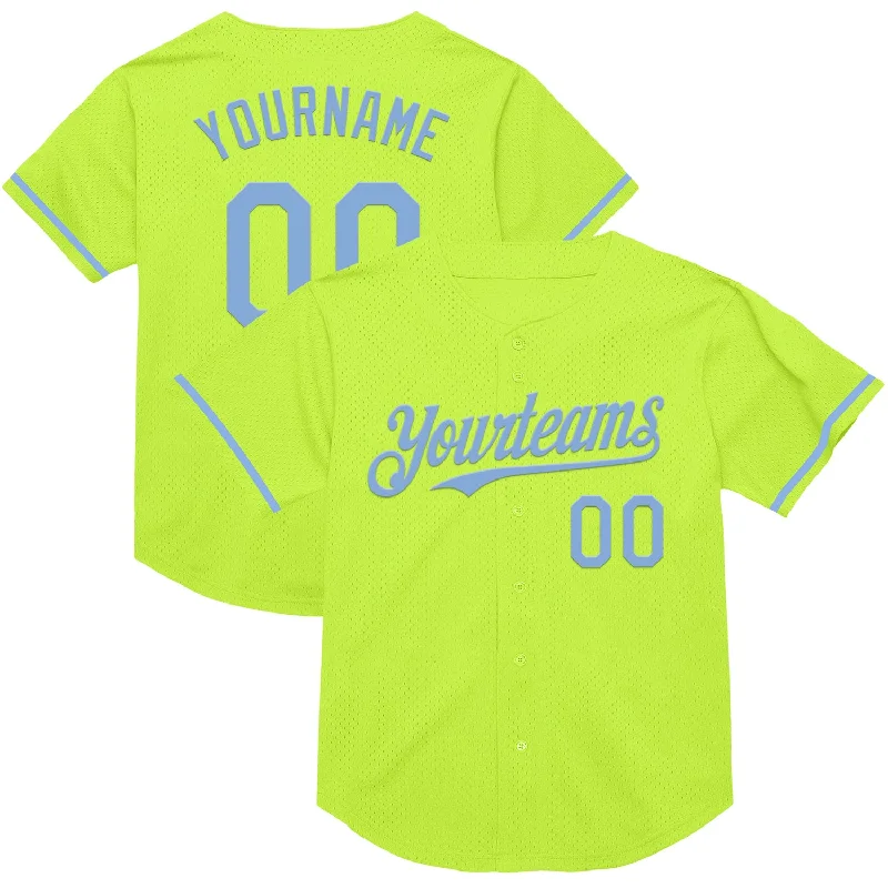 Baseball Jersey for Maximum Durability-Custom Neon Green Light Blue Mesh Authentic Throwback Baseball Jersey