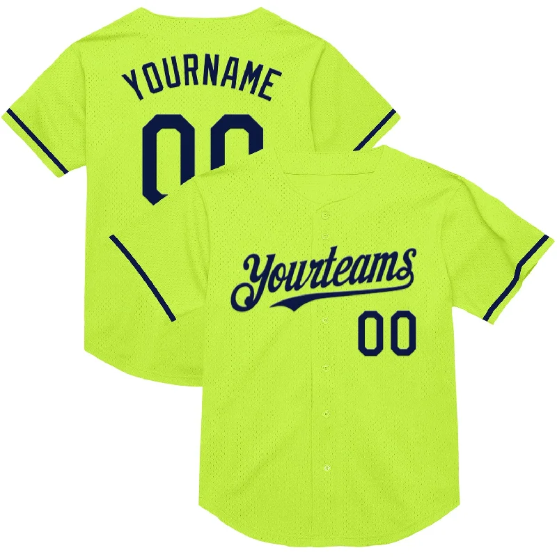 Baseball Jersey with High-Quality Material-Custom Neon Green Navy Mesh Authentic Throwback Baseball Jersey