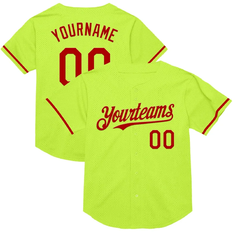 Baseball Jersey with Stretch Panels for Flexibility-Custom Neon Green Red Mesh Authentic Throwback Baseball Jersey