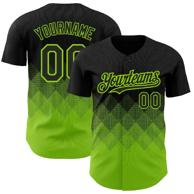 Baseball Jersey for Active Players and Dynamic Movements-Custom Black Neon Green 3D Pattern Design Gradient Square Shapes Authentic Baseball Jersey