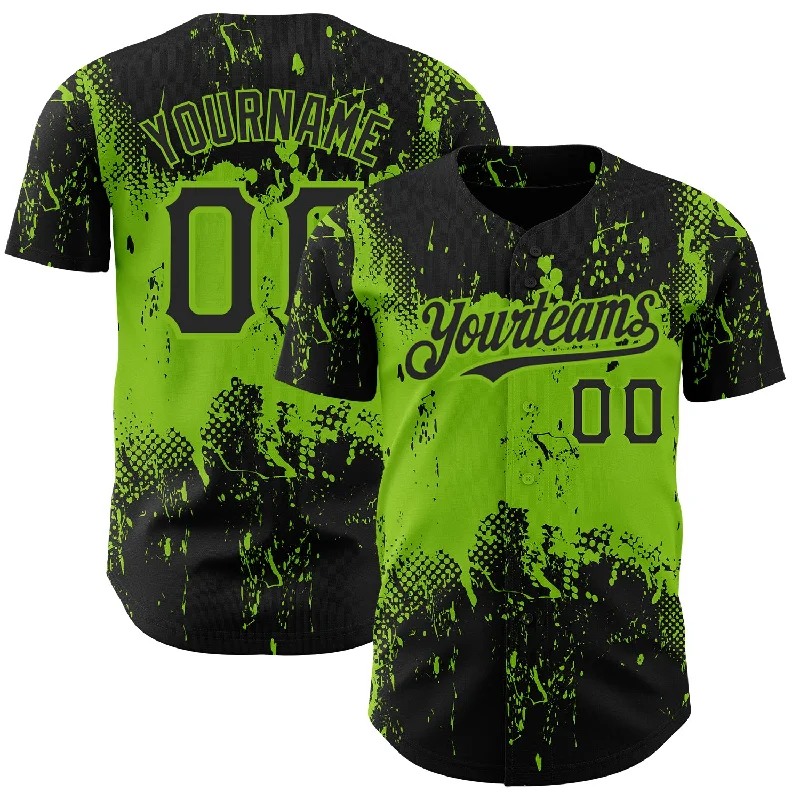 Baseball Jersey with Enhanced Stretch for Play-Custom Black Neon Green 3D Pattern Design Abstract Splatter Grunge Art Authentic Baseball Jersey