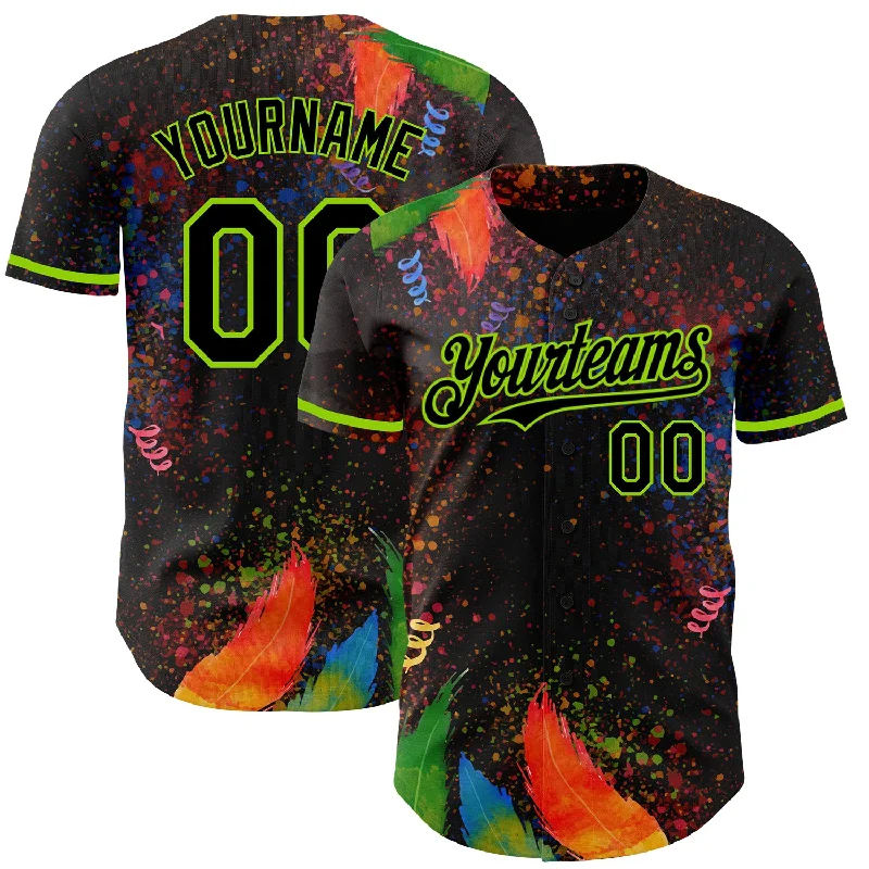 Baseball Jersey for Breathable Fabric and Soft Fit-Custom Black Neon Green 3D Pattern Design Holi Festival Color Powder Authentic Baseball Jersey