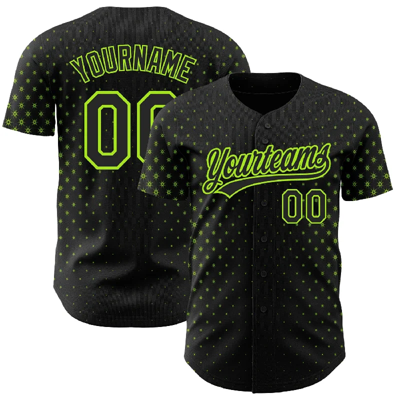 Best Baseball Jersey for Comfort-Custom Black Neon Green 3D Pattern Design Geometric Stars Authentic Baseball Jersey