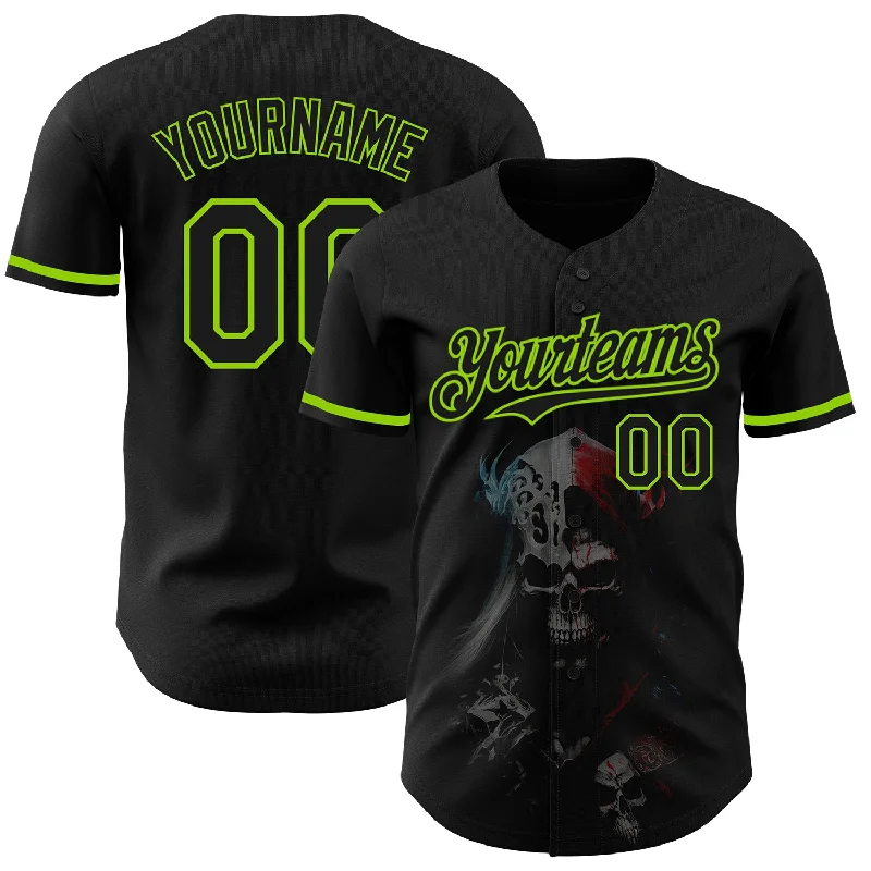 Baseball Jersey for Youth and Professional Athletes-Custom Black Neon Green 3D Skull Fashion Authentic Baseball Jersey