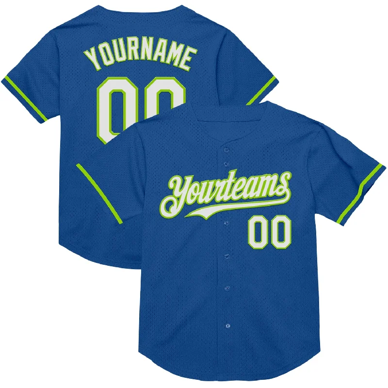 Baseball Jersey for Stylish Fit and Superior Comfort-Custom Blue White-Neon Green Mesh Authentic Throwback Baseball Jersey