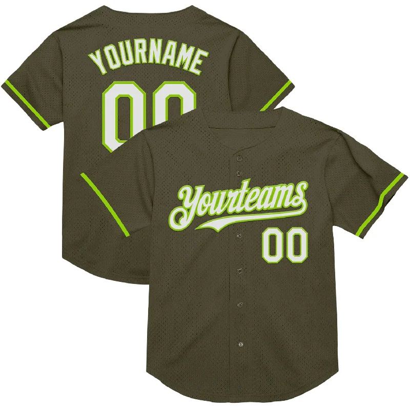 Baseball Jersey for Soft Touch and Comfort-Custom Olive White-Neon Green Mesh Authentic Throwback Salute To Service Baseball Jersey