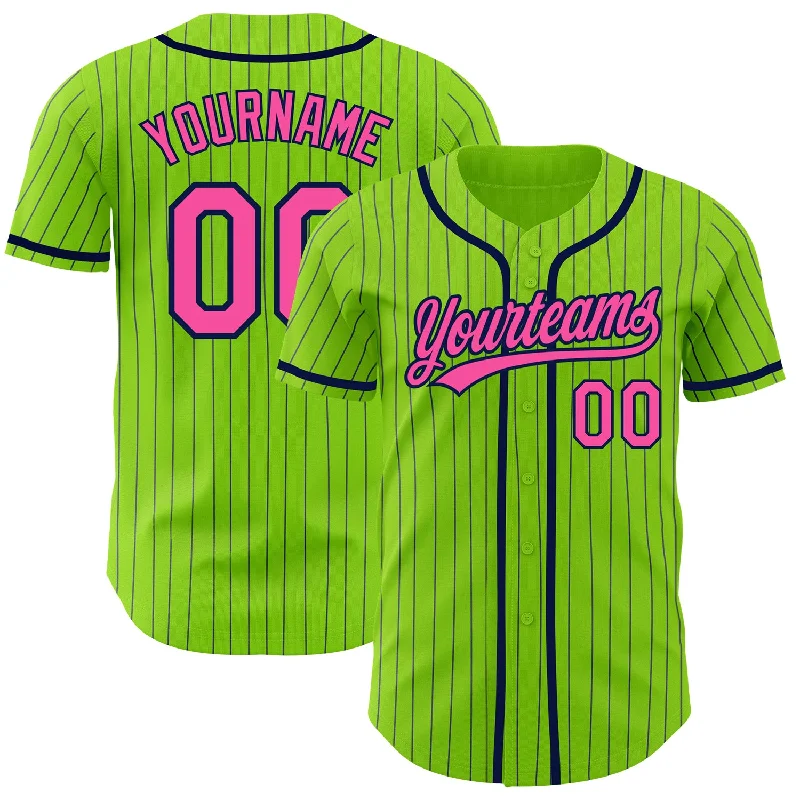 Baseball Jersey for Maximum Comfort in Hot Weather-Custom Neon Green Navy Pinstripe Pink Authentic Baseball Jersey