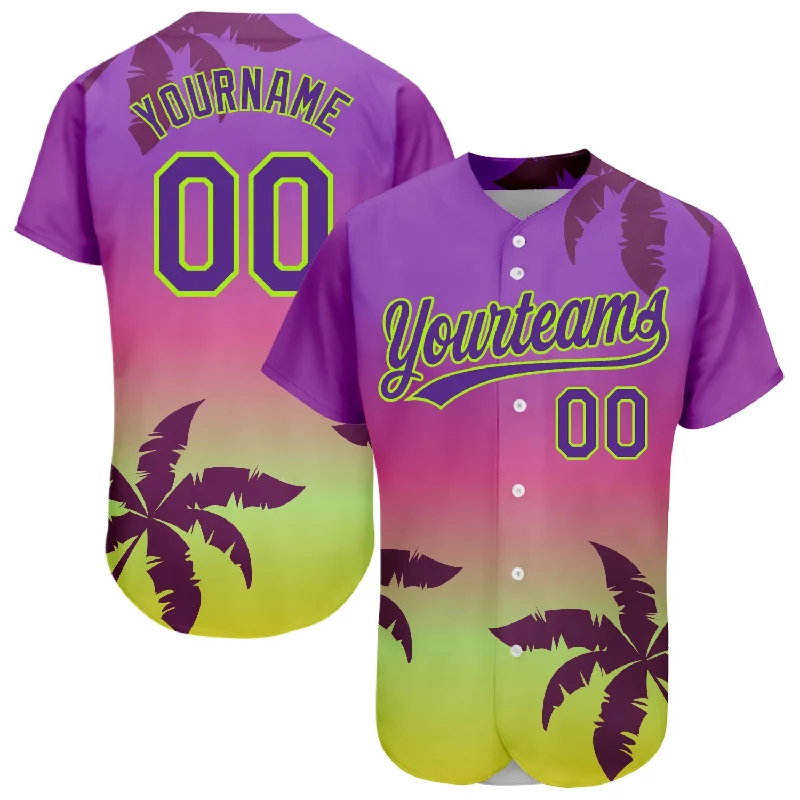 Baseball Jersey for Perfect Fit and Performance-Custom Purple Neon Green 3D Pattern Design Hawaii Palm Trees Authentic Baseball Jersey