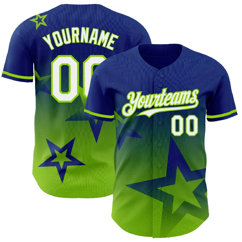 Baseball Jersey with Adjustable Fit for Custom Comfort-Custom Royal White-Neon Green 3D Pattern Design Gradient Style Twinkle Star Authentic Baseball Jersey