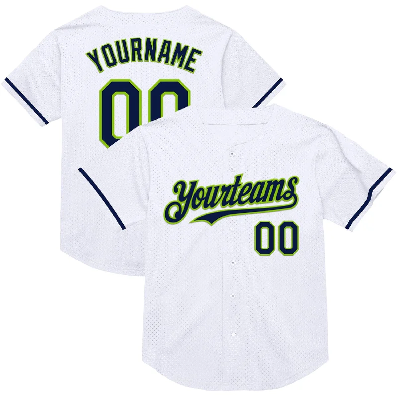 Baseball Jersey for Dynamic Movements on the Field-Custom White Navy-Neon Green Mesh Authentic Throwback Baseball Jersey