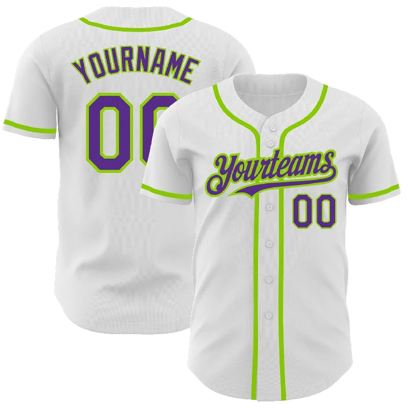 Baseball Jersey for Comfortable Play All Day-Custom White Purple-Neon Green Authentic Baseball Jersey