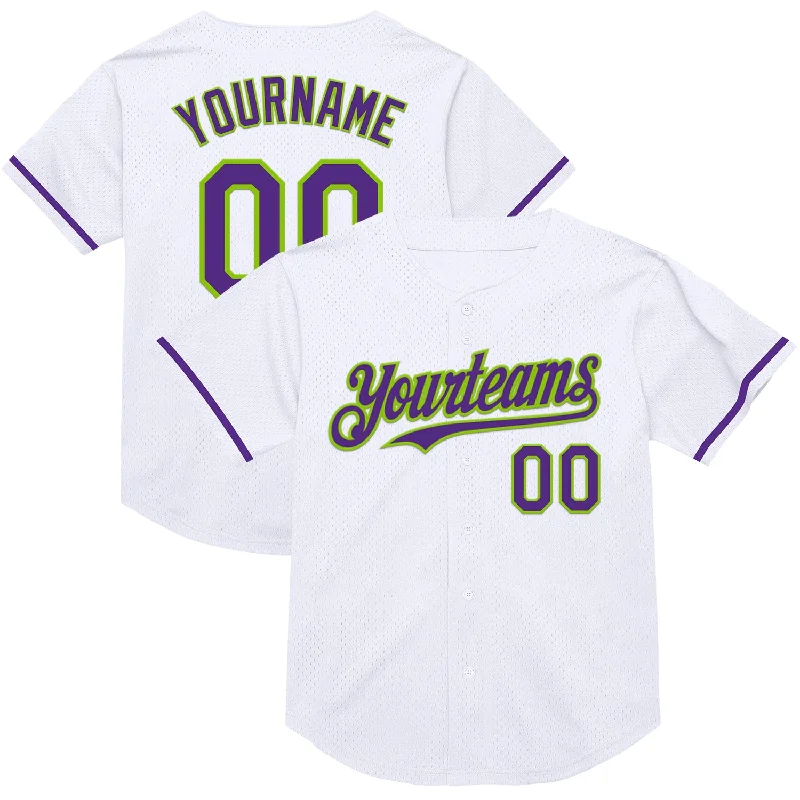 Baseball Jersey for Stylish Design and Maximum Comfort-Custom White Purple-Neon Green Mesh Authentic Throwback Baseball Jersey