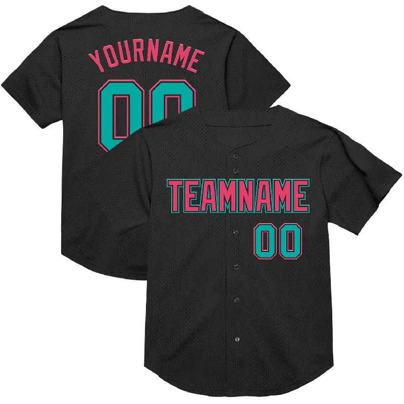 Baseball Jersey for Comfortable and Fast Play-Custom Black Aqua-Neon Pink Mesh Authentic Throwback Baseball Jersey