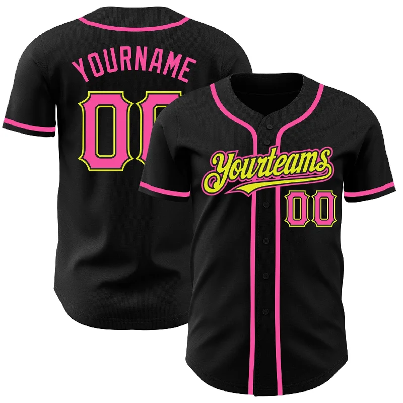 Baseball Jersey for Comfortable Fit-Custom Black Pink-Neon Yellow Authentic Baseball Jersey