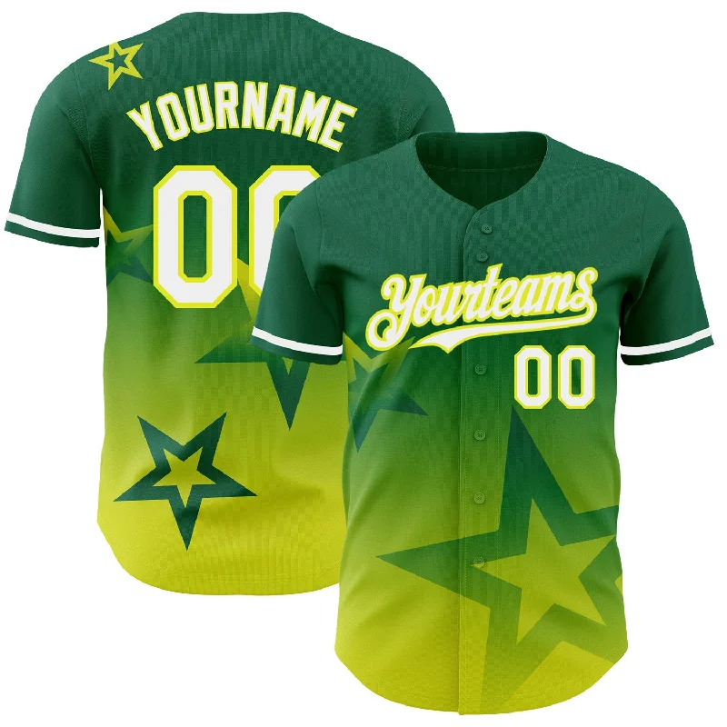 Baseball Jersey for Professional Players-Custom Kelly Green White-Neon Yellow 3D Pattern Design Gradient Style Twinkle Star Authentic Baseball Jersey