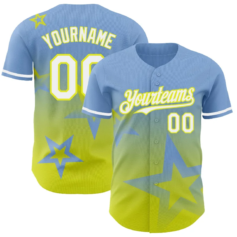 Baseball Jersey for Youth and Professional Athletes-Custom Light Blue White-Neon Yellow 3D Pattern Design Gradient Style Twinkle Star Authentic Baseball Jersey