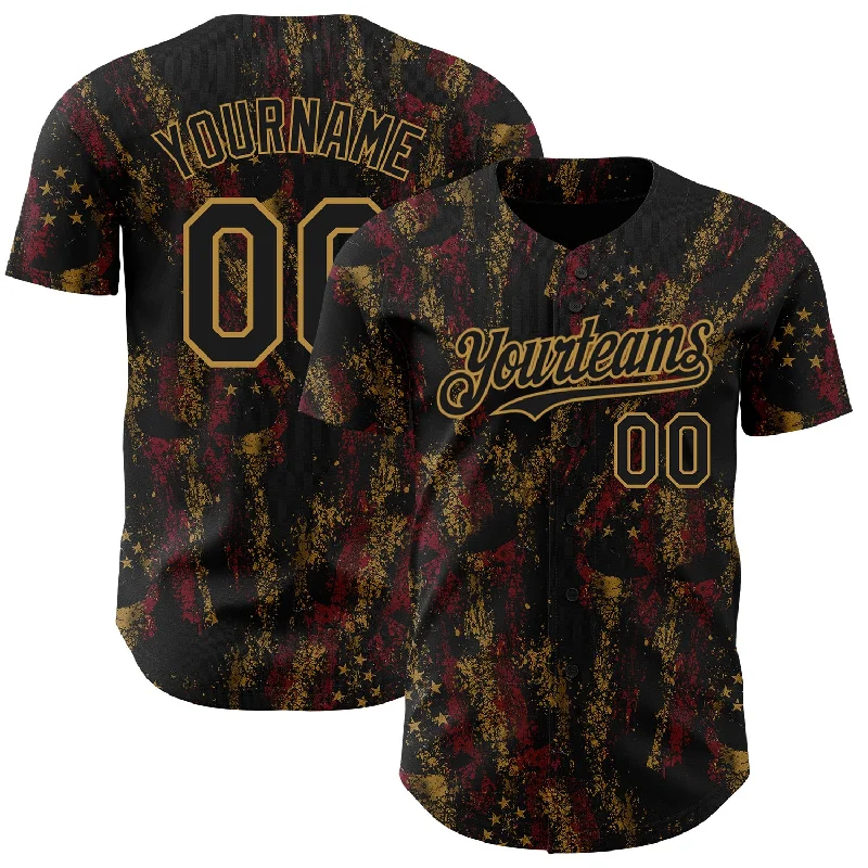 Baseball Jersey for Maximum Breathability-Custom Black Old Gold 3D American Flag Skull Patriotic Authentic Baseball Jersey