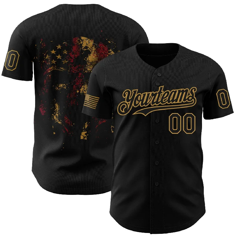 Baseball Jersey with Moisture Control for Comfort-Custom Black Old Gold 3D American Flag Skull Patriotic Authentic Baseball Jersey