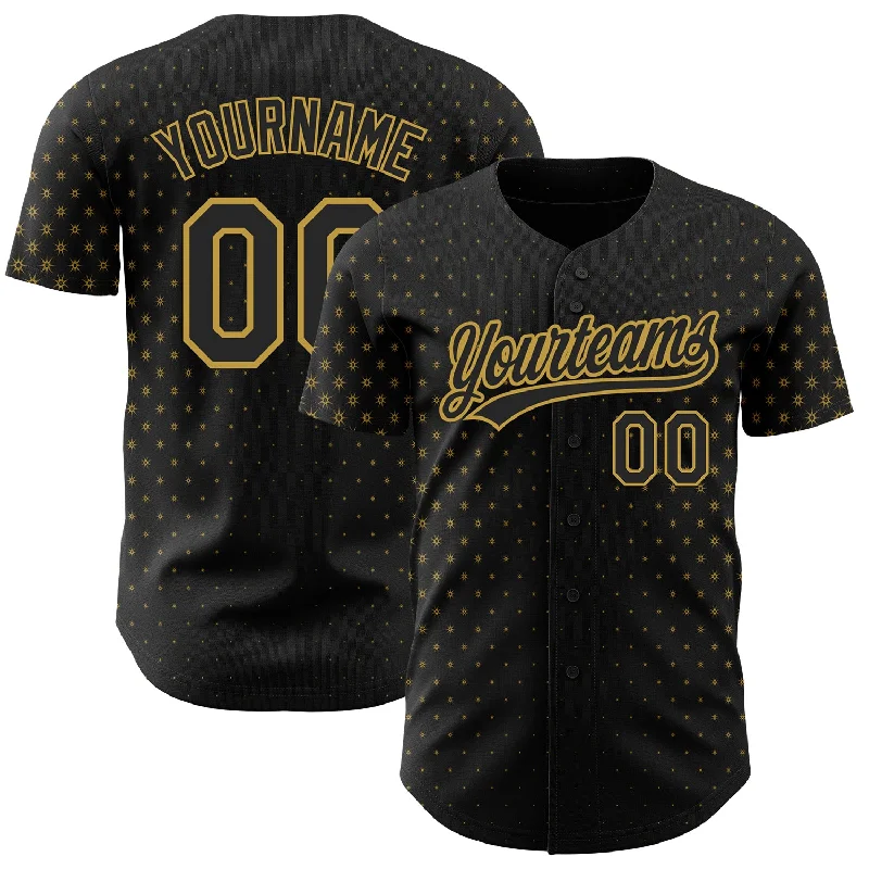 Baseball Jersey for Lightweight Play-Custom Black Old Gold 3D Pattern Design Geometric Stars Authentic Baseball Jersey