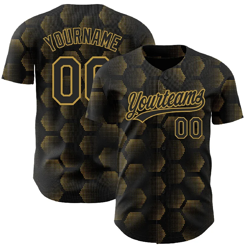 Baseball Jersey for Maximum Comfort in Hot Weather-Custom Black Old Gold 3D Pattern Design Halftone Geometric Shapes Authentic Baseball Jersey