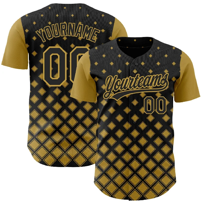 Baseball Jersey for Excellent Freedom of Movement-Custom Black Old Gold 3D Pattern Design Geometric Shapes Authentic Baseball Jersey