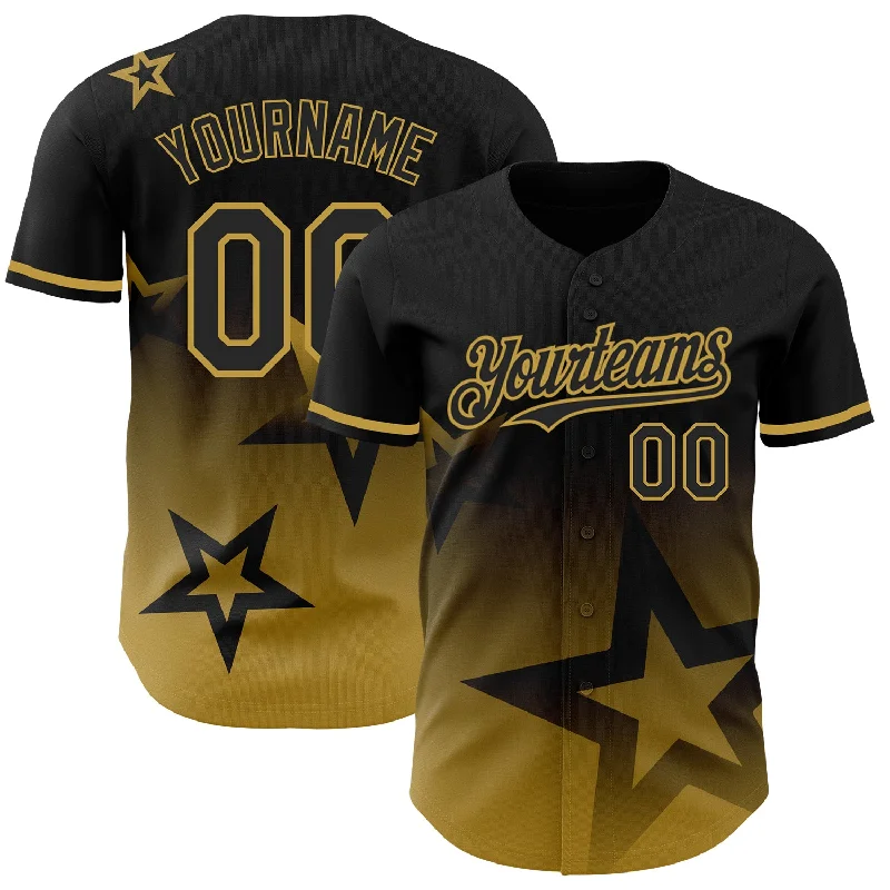 Baseball Jersey for High-Endurance Play-Custom Black Old Gold 3D Pattern Design Gradient Style Twinkle Star Authentic Baseball Jersey