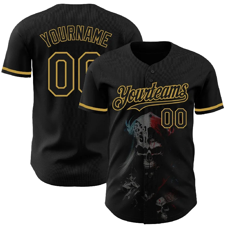 Baseball Jersey for Lightweight Play-Custom Black Old Gold 3D Skull Fashion Authentic Baseball Jersey