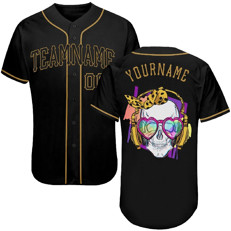 Baseball Jersey for Youth and Adult Players-Custom Black Black-Old Gold Authentic Skull Fashion Baseball Jersey