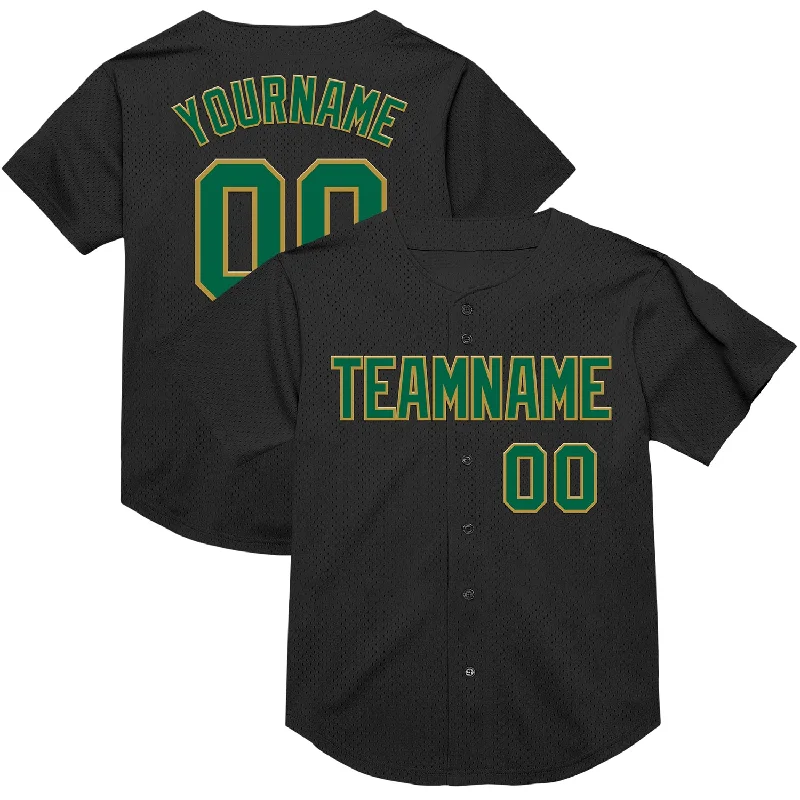 Baseball Jersey for Optimal Agility and Comfort-Custom Black Kelly Green-Old Gold Mesh Authentic Throwback Baseball Jersey