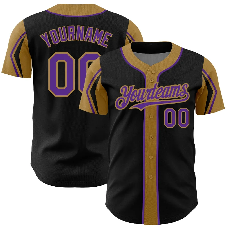 Baseball Jersey for Better Fit and Freedom of Movement-Custom Black Purple-Old Gold 3 Colors Arm Shapes Authentic Baseball Jersey