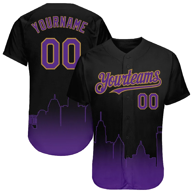 Baseball Jersey for Better Play and Full Mobility-Custom Black Purple-Old Gold 3D Baltimore City Edition Fade Fashion Authentic Baseball Jersey