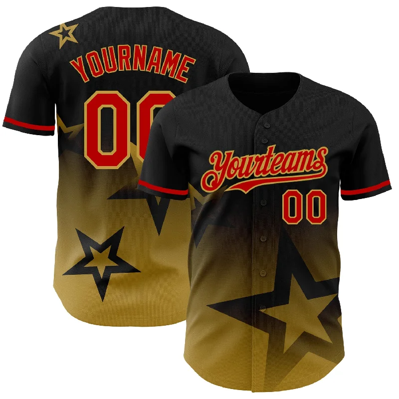 Baseball Jersey for Performance and Durability in Tough Conditions-Custom Black Red Old Gold 3D Pattern Design Gradient Style Twinkle Star Authentic Baseball Jersey