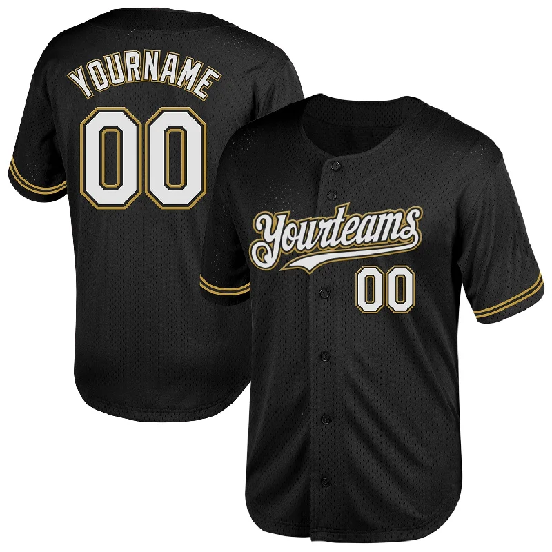 Best Baseball Jersey for Comfort-Custom Black White-Old Gold Mesh Authentic Throwback Baseball Jersey