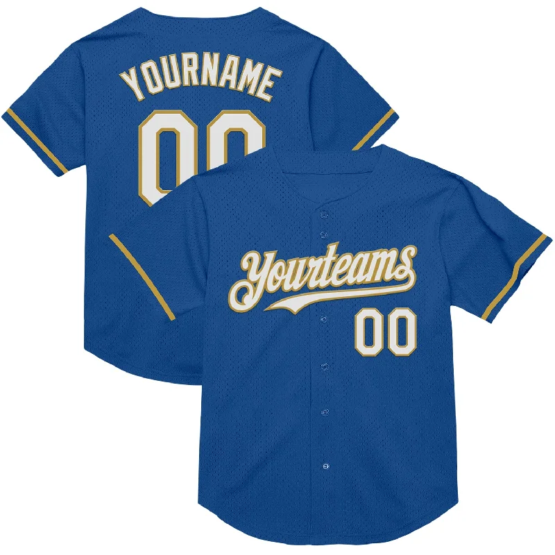 Baseball Jersey with Extra Stretch for Comfort and Flexibility-Custom Blue White-Old Gold Mesh Authentic Throwback Baseball Jersey