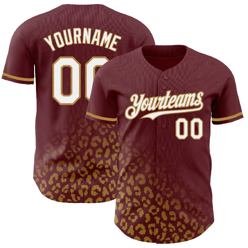 Baseball Jersey with Adjustable Fit and Breathability-Custom Burgundy White-Old Gold 3D Pattern Design Leopard Print Fade Fashion Authentic Baseball Jersey