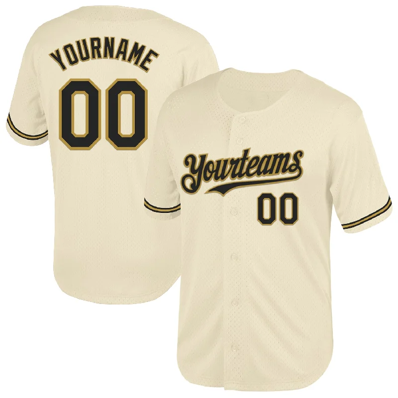 Baseball Jersey for Comfortable and Fast Play-Custom Cream Black-Old Gold Mesh Authentic Throwback Baseball Jersey